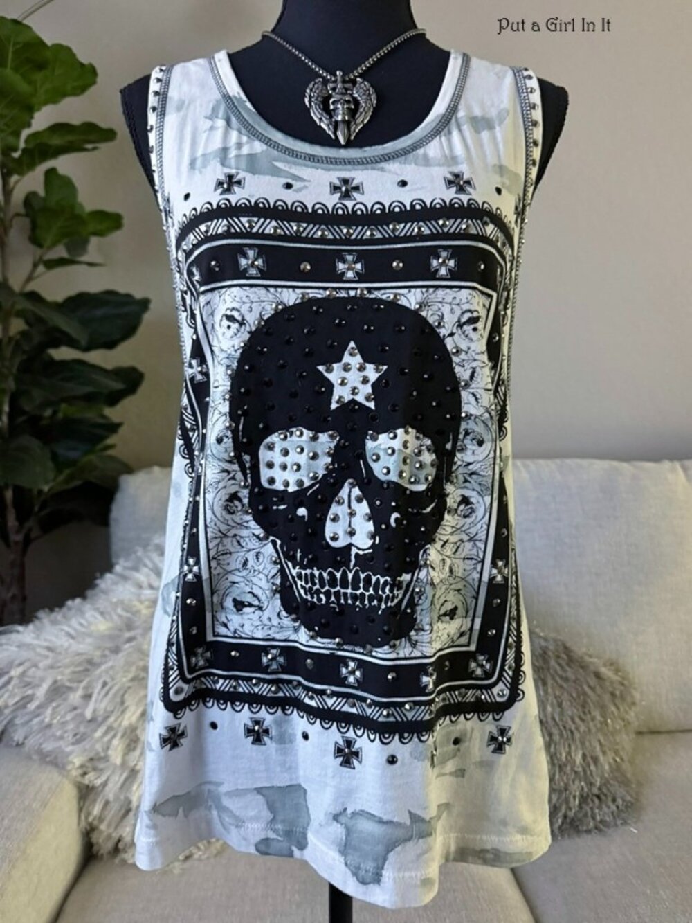 Vocal Apparel women's crystal embellished sugar skull biker shirt tank top s